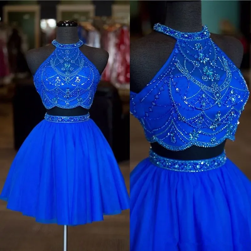 

Two Pieces Royal Blue Beading Tulle Homecoming Dresses A-Line Above Knee Length Cocktail Party Dresse