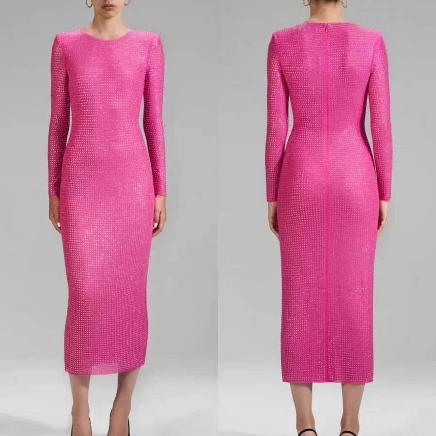 

Latest 2022 Hot Sale Top Quality Fluorescent Pink Hotfix Rhinestone Shining Bodycone Sexy Midi Dress for Women
