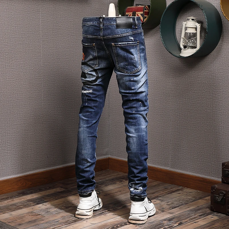 High Street Fashion Men Jeans Retro Blue Stretch Slim Fit Vintage Ripped Jeans Men Printed Designer Hip Hop Brand Pants Hombre