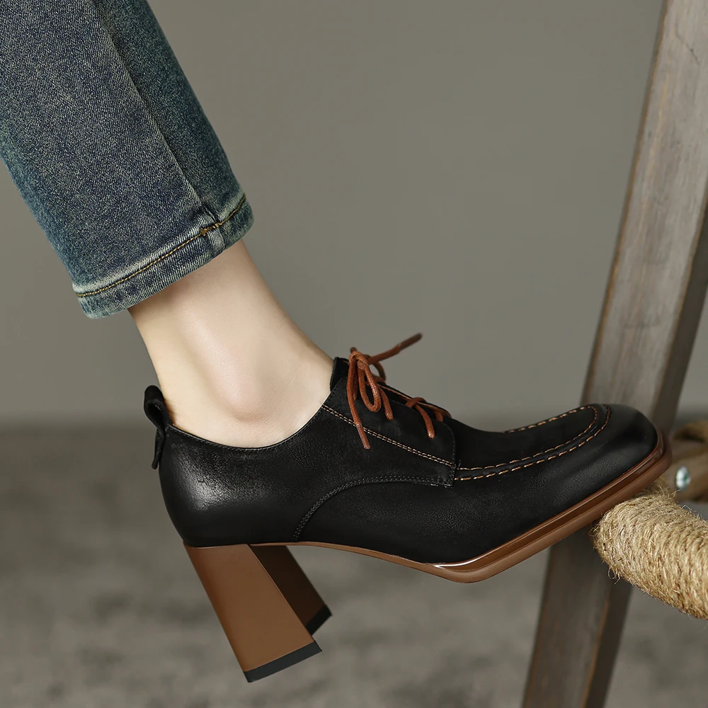 Kanseet Women Shoes 2023 New Spring Vintage Square Toe Cross-Tied Genuine Leather Pumps Handmade High Heel Lady Footwear Size 42