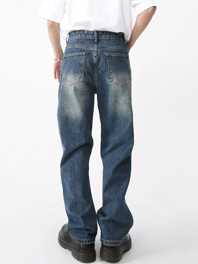 Men's Fashion Wear Patchwork Korean Streetwear Fashion Straight Middle Waist Blue Jeans Casual Denim Trousers Men Pants Denim