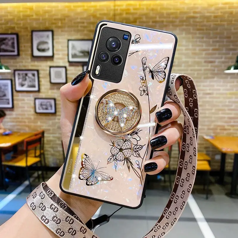 

Glitter Ring Holder Phone Cases for Samsung S22 Plus S21 Ultra S20 Fe A72 A52 A42 Note 20 3D Stand Cover Ribbon Butterfly Fundas