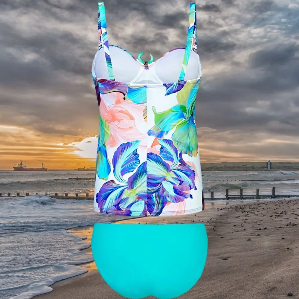 Women Shorts Floral Tankini Beach Swimsuit Set Lake Blue Pants Swinwear Tropical Summer Vibe Belly Control Two Piece Set