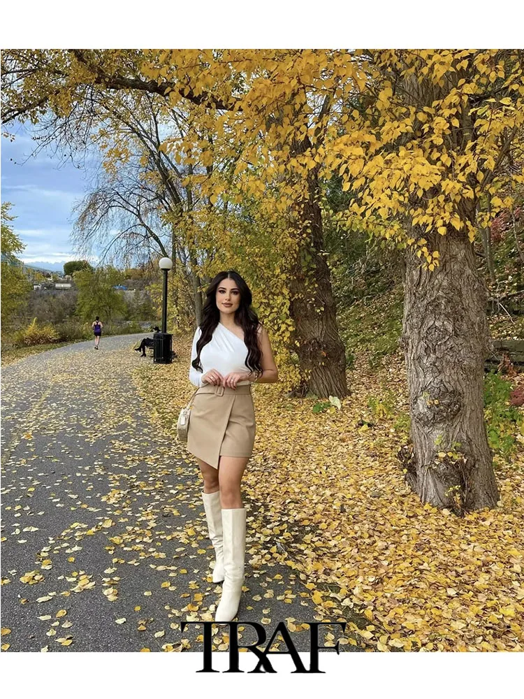 

TRAF 2022 Women Skirt Vintage New Elastic Waist Khaki High Waist Skirt With Belt Woman Office Lady Summer Female Skirts