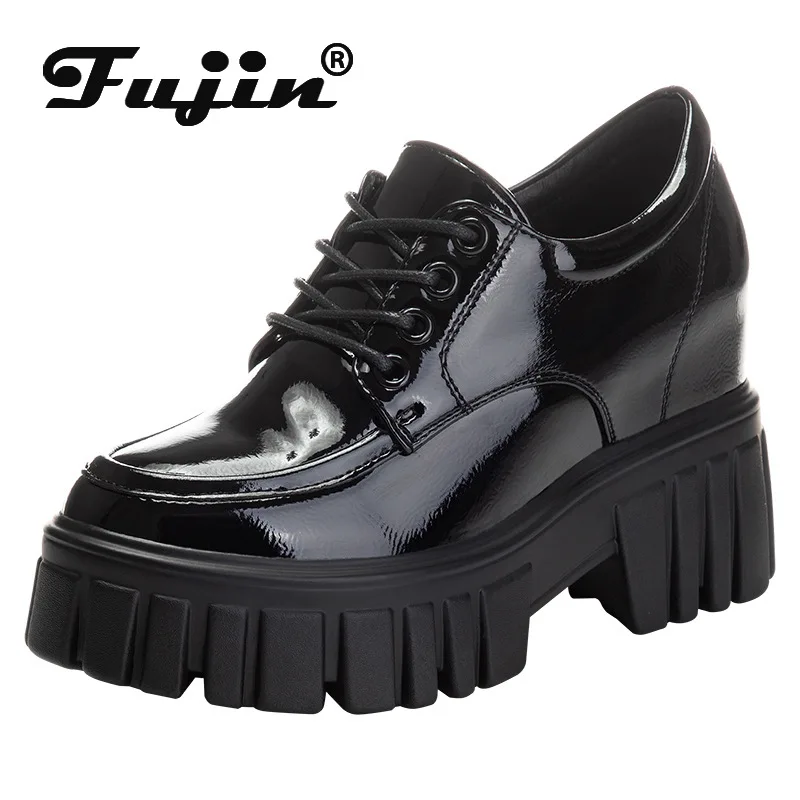 

Fujin Spring Autumn Summer Shoes Women Black Square Heel Sneakers Pumps Women 8.5cm Platform Wedge Women Shoes Patent Learther