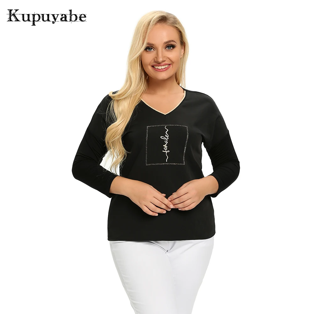 

KUPUYABE Women's Plus Size T-Shirt with Elastic Cotton Buttons Long Sleeve T-Shirt Sequin V-Neck Elastic Loose Top