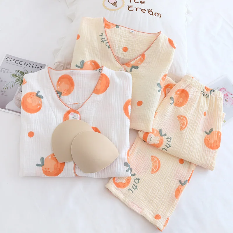 

Homewear Two-piece Ladies Cotton Crepe Chest Pad Washed Soft Seersucker Four Seasons Thin Long Sleeves Outdoor Sleepwear Women