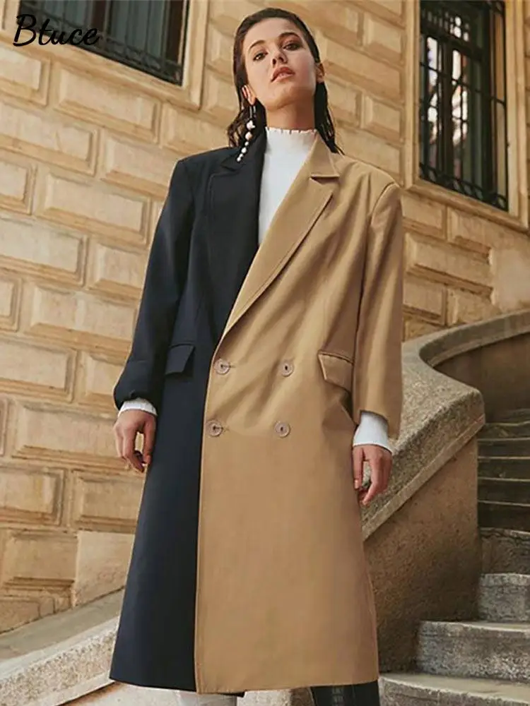 

Women Patchwork Double Breasted Coat English Style Suit Neck Pockets Long Jacket Autumn Winter Office Ladies Streetwear Outwear