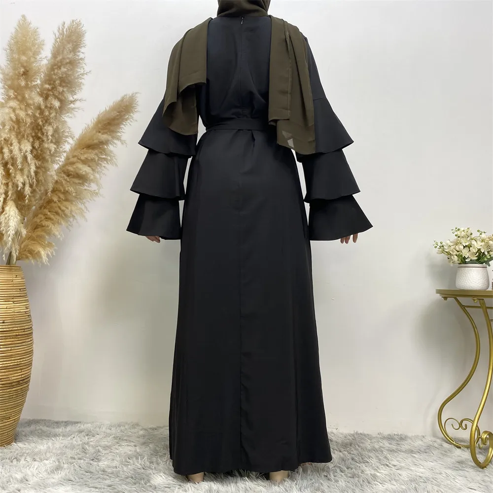 New Women's Round Neck Solid Color Versatile Loose Lacing Pile Sleeve Long Dress Women's Muslim Dress Robe Pour Femme Musulmane