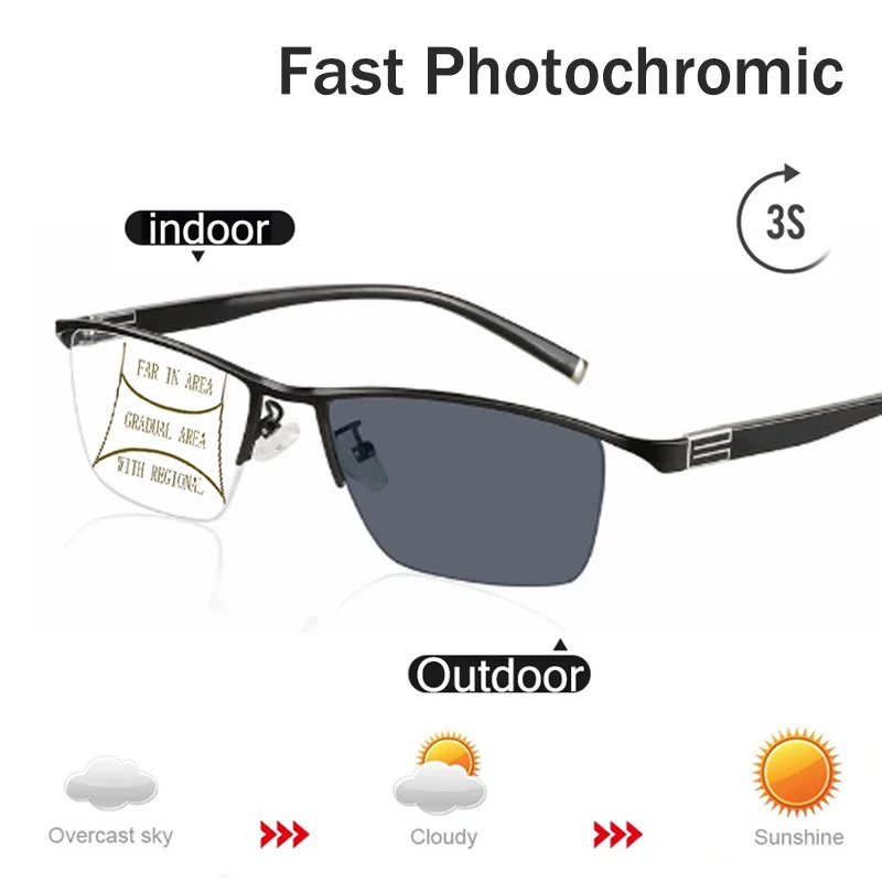 

Transition Photochromic Smart zoom Reading Glasses Men Progressive Multi-Focus Business Eyewear Anti-Blue Ray Half-Frame Glasses