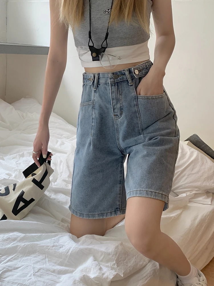 Spring Summer Women High Waist Straight Adjustable Button Denim Shorts Streetwear Female Loose Jeans Shorts Bottoms