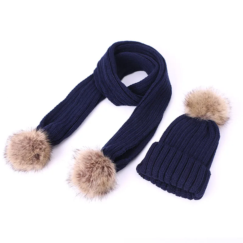 

Winter Knitted Pom Pom Hat Scarf Set For Children And Women Crochet Warm Caps Outdoor Thick Skullies Beanie Scarf Two Pieces Set