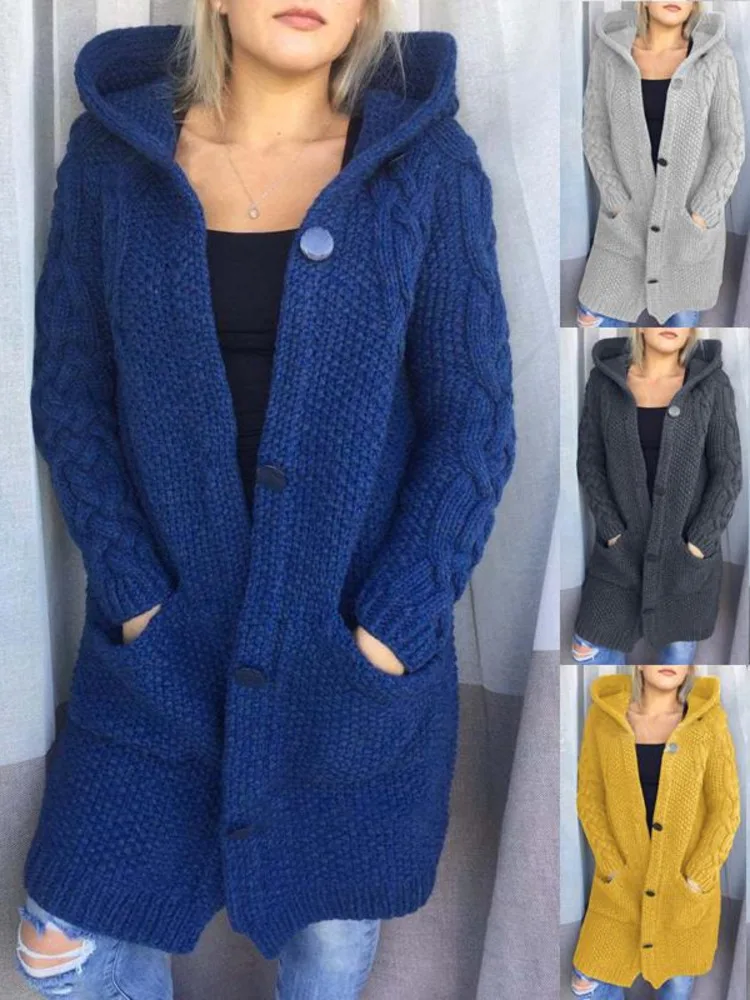 

Длинный кардиган с капюшоном, Женский однотонный свободный свитер, универсальный Повседневный вязаный свитер с капюшоном и длинным рукаво...