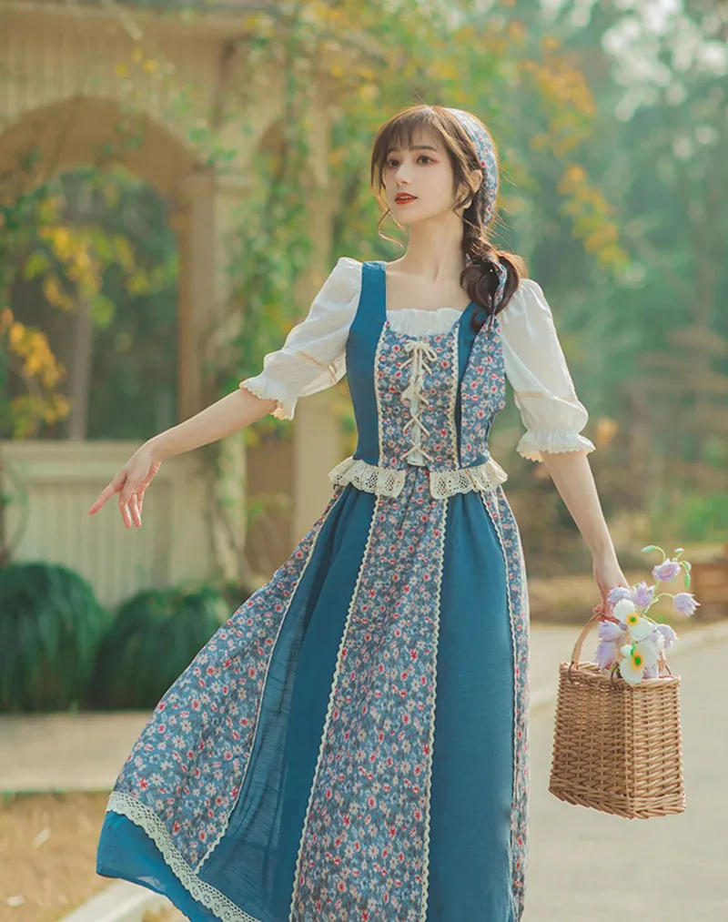 

Summer Cottage Woman Vintage Outfits Japan Mori Girl Style Prairie Chic Print Bandage Lace Shirt & Floral Skirt 2 Piece Sets