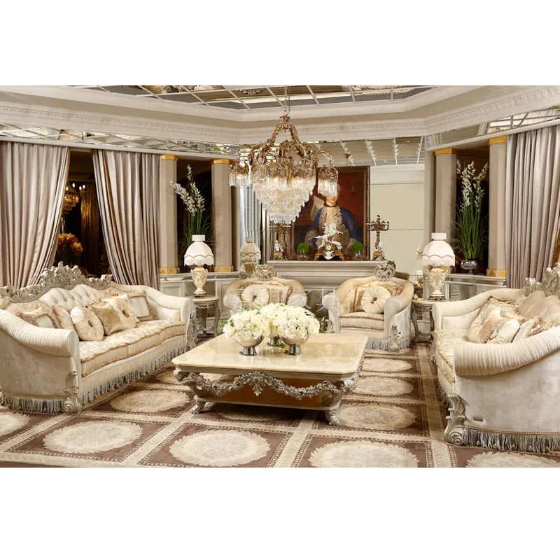 

Custom European villa luxury sofa all solid wood hand carved French tea table imperial concubine chair