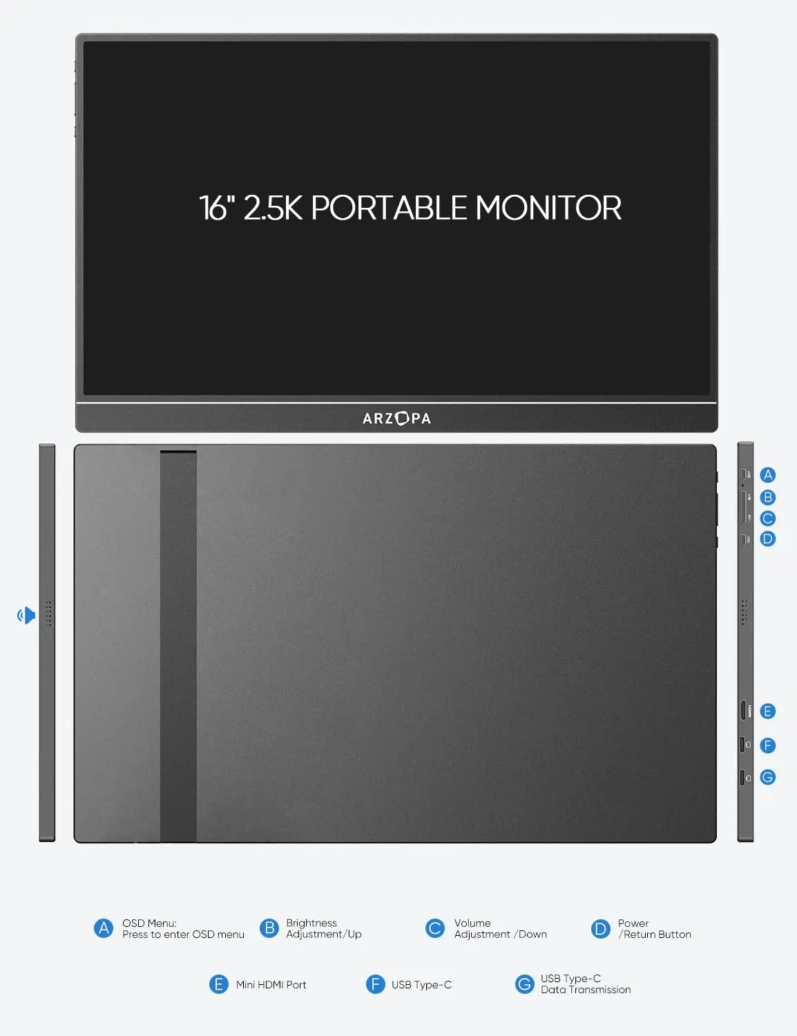 Фото 16 дюймовый портативный монитор 2K 16:10 IPS экран с type-c mini hdmi второй дисплей для MAC/ноутбука/ПК/Xbox/PS4/5/Switch,Z1RC №4