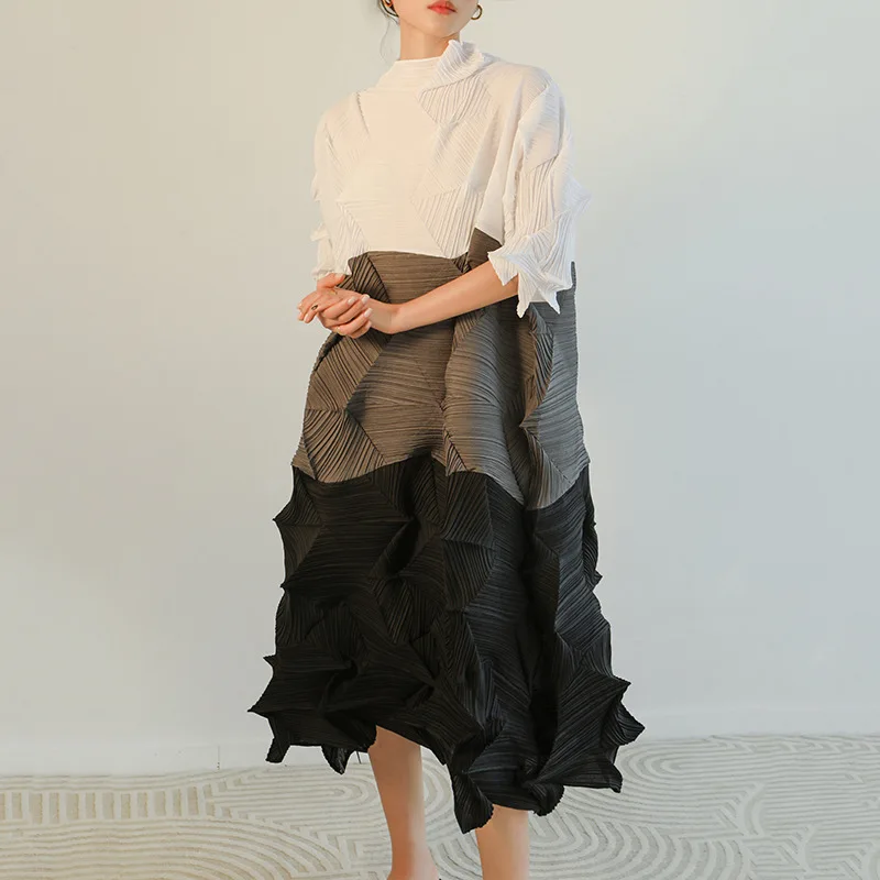

Miyake pleated irregular diamond pleated long skirt 2022 spring new design loose dress large size women's clothing