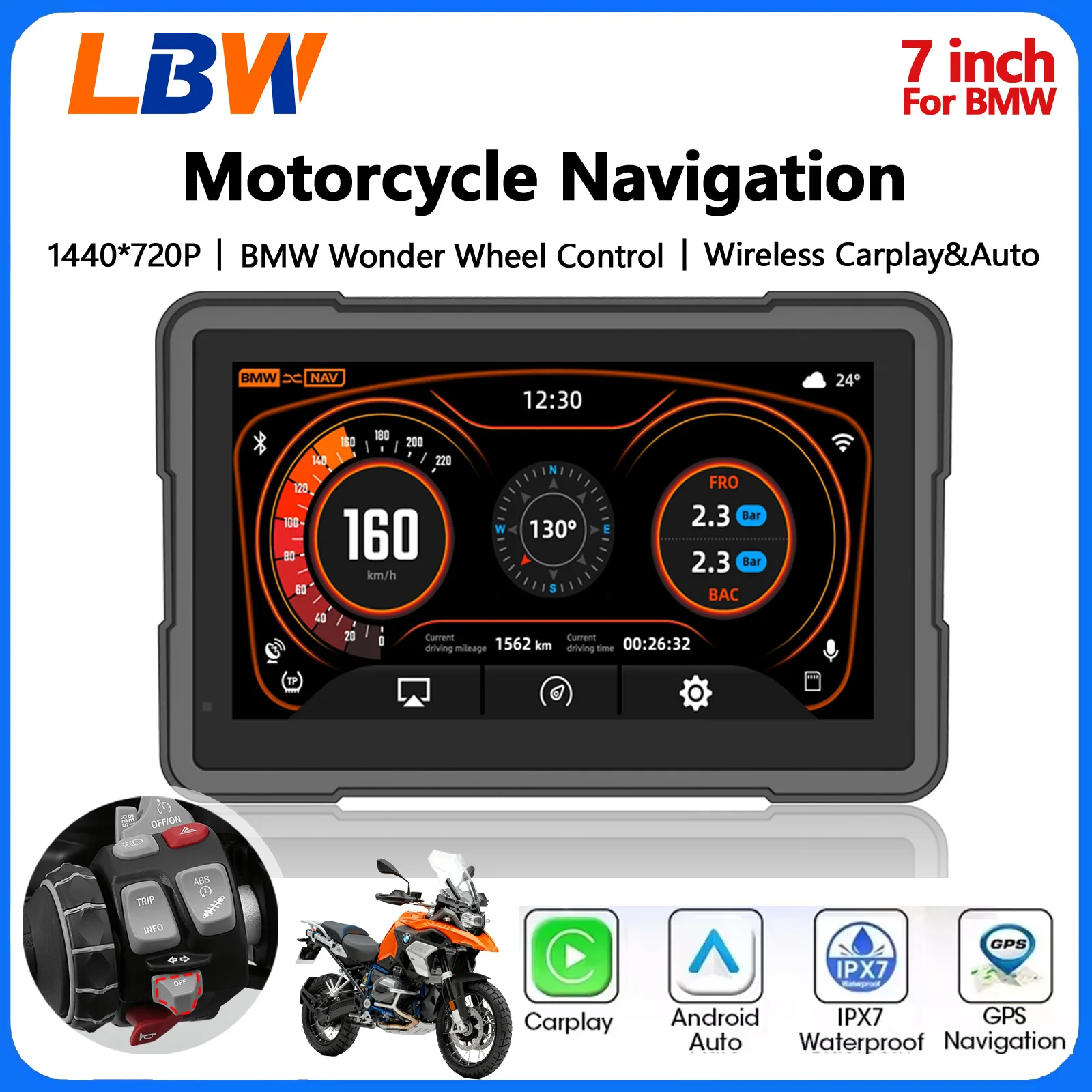 Фото Навигационная система LBW 6/7 дюймов для мотоциклов с поддержкой CarPlay и Android Auto, GPS, быстросъемная, портативная, для установки на приборную панель, подходит для BMW R1200GS R1250GS №1