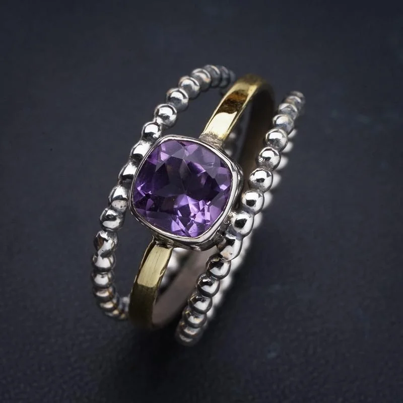 

StarGems, натуральный аметист, двухцветное трехслойное кольцо ручной работы, серебряное кольцо 10,5 E9308