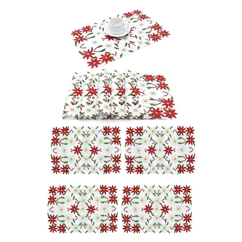 

Embroidered Christmas Placemats, Red Poinsettia Placemats with Holly for Christmas Holiday Decorations, 6 Pcs &,4 Pcs