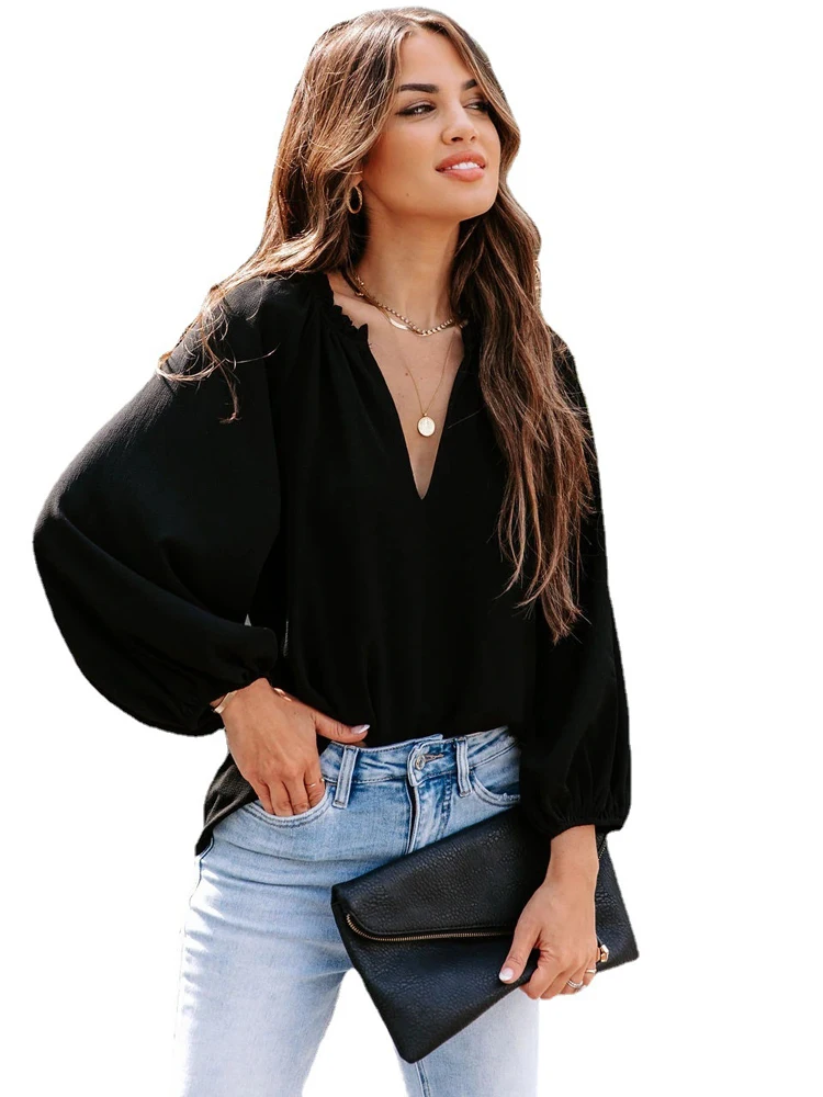 

Модная женская блузка, удобный Простой повседневный Однотонный женский топ, джемпер с оборками на воротнике, на ощупь, летняя футболка, уличная одежда