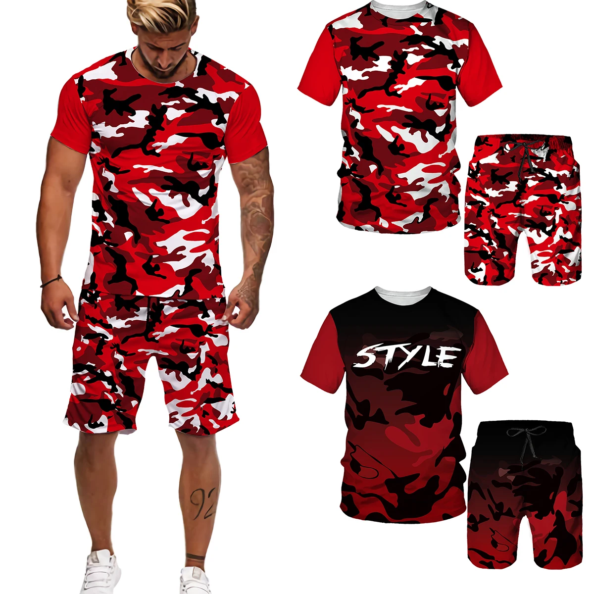 

New Two-Piece Set Men's Camouflage Short Sleeve Suit Patchwork Trend Casual Breathable Sportswear Male T-shirt+Shorts Oversized