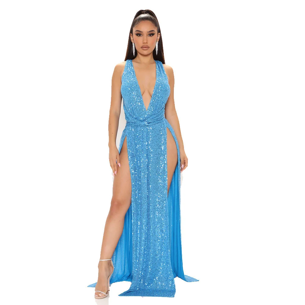 

Zoctuo Dress Women High Slit Outfits Bodycon Robe Sexy Deep V Sequin Nigh Party Evening Dresses Sparkly Women's Long Sleeveless