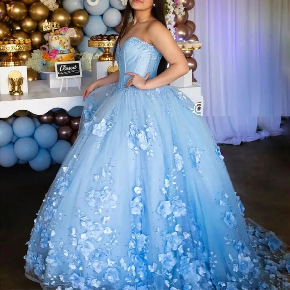 

Light Blue 3D Flowers Quinceanera Dresses Pearls Floral Lace Beaded Strapless Lace-up Tulle Ball Gowns Dress Women Formal Prom