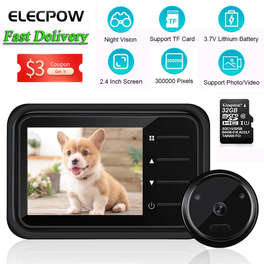 

Elecpow Smart Home Video Peephole Doorbell Camera Wireless Security Protection 120° IR Night Vision Door Bell Support TF Card