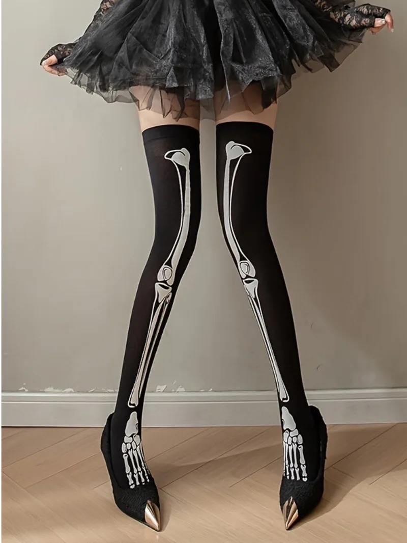 Новые длинные чулки High Exotic Street Style Dark Skeleton Bone черные шелковые для макияжа женские