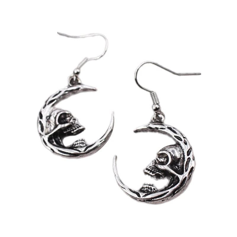 

517F Gothic Retro Moon Earrings Silver Crescent Moon Skull Personality Dangle Drop Earrings Gothic Jewelry Gifts for Women