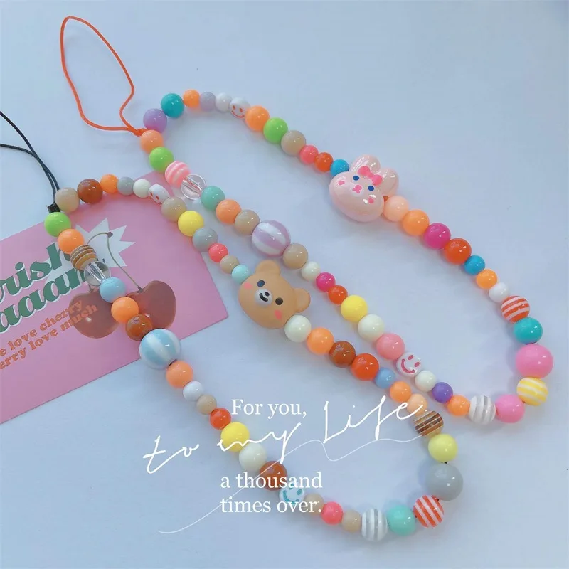 

Cartoon Bear Rabbit Colorful Geometric Irregular Beaded Pendant Beauty Lanyard Mobile Phone Chain For Female Charming Ornaments