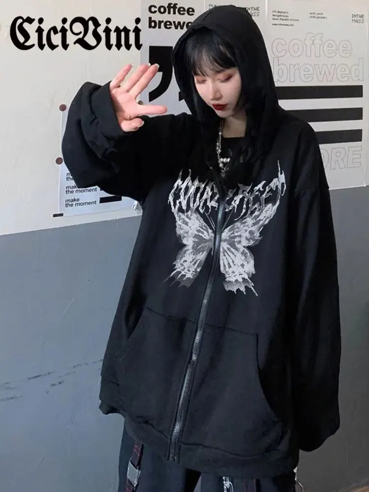 

CiciVini Gothic Women Coat Hooded Collar Butterfly Autumn Women Tops Full Sleeve Black Western Style Printing Zipper