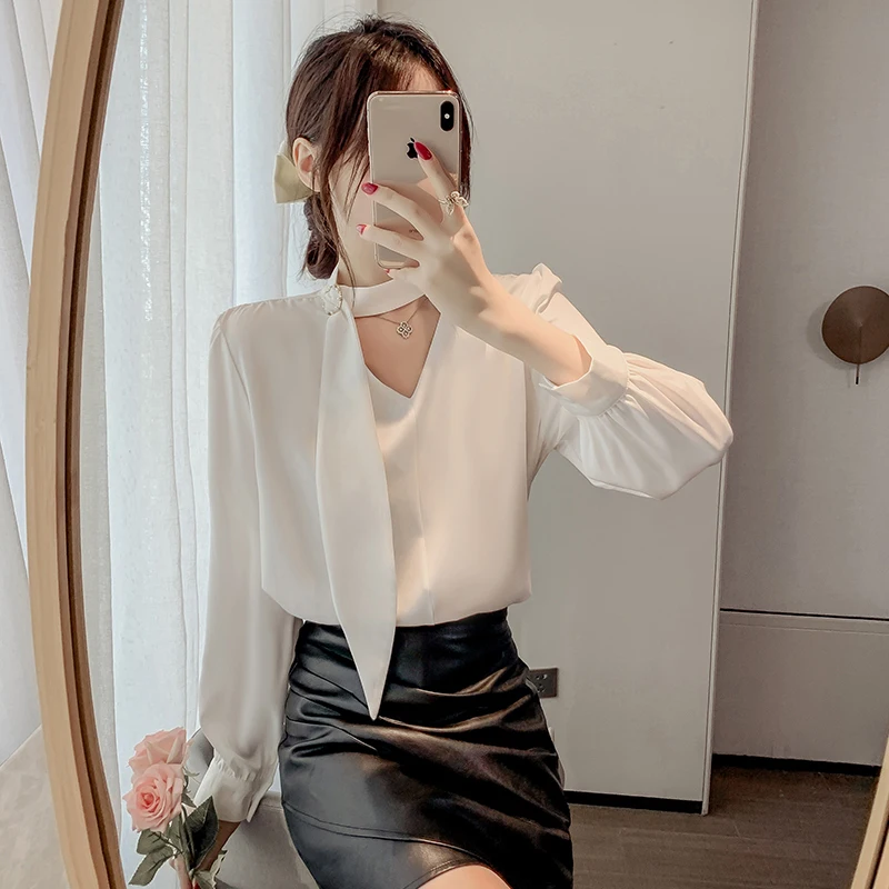 

Женская атласная драпированная рубашка с длинным рукавом, винно-Красная белая однотонная элегантная шифоновая блузка с V-образным вырезом