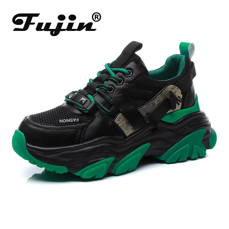 

Fujin 6.5cm New Genuine Leather Casual Non Slip Mesh Platform Wedge Women Fashion Chunky Sneakers Lace Up Breathable Comfy Shoes