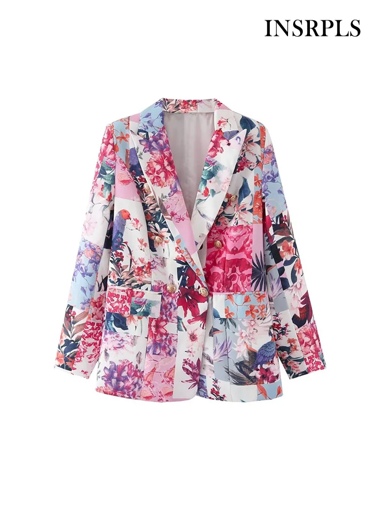 

INSRPLS Women Fashion Double Breasted Printed Blazer Coat Vintage Long Sleeve Flap Pockets Female Outerwear Chic Veste Femme