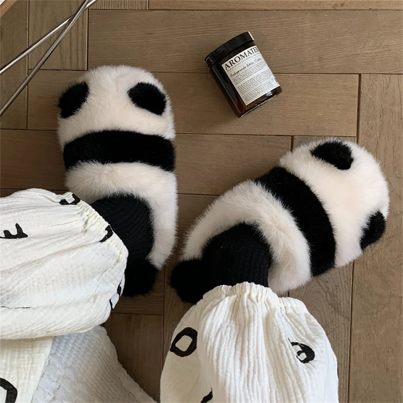 Winter Cartoon Panda Design Slippers Cotton Slip-On Women Furry Soft Sole Warm Plush Ladies' Slides Indoor Gift Memory Foam Shoe