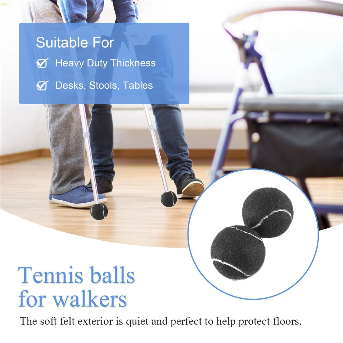 2 PCS Precut Walker Tennis Ball for Furniture Legs and Floor Protection Heavy Duty Long Lasting Felt Pad Covering Black