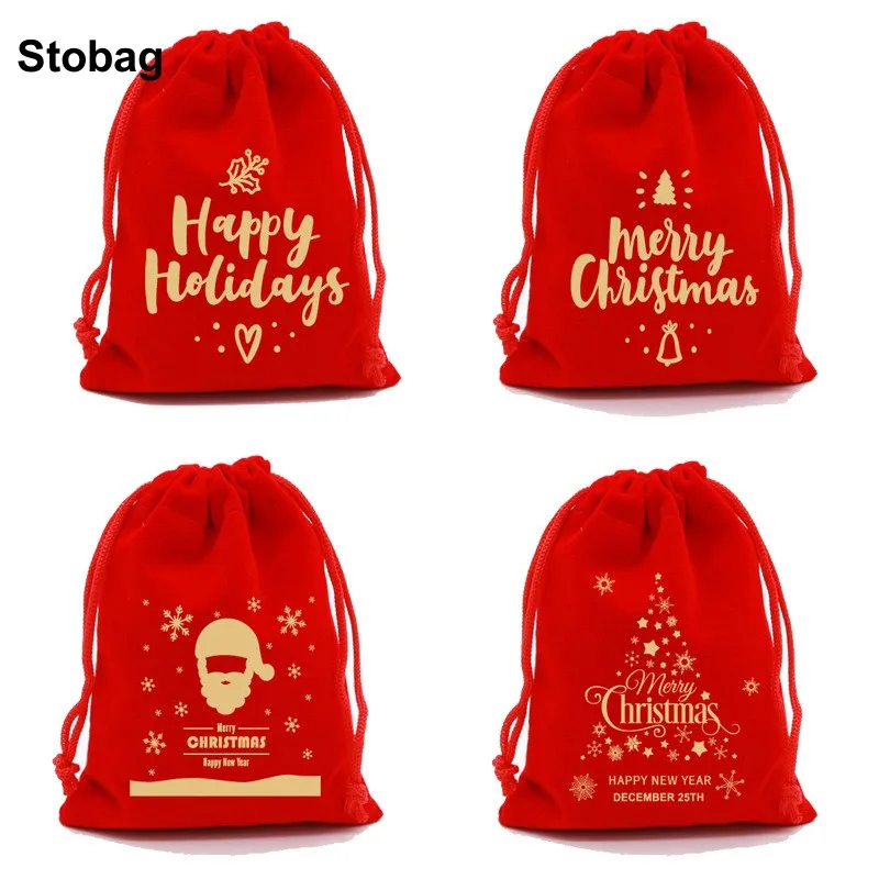 

StoBag 50pcs Wholesale Merry Christmas Red Velvet Drawstring Bag Small Candy Gift Storage Packaging Pocket Pouches Party Favor