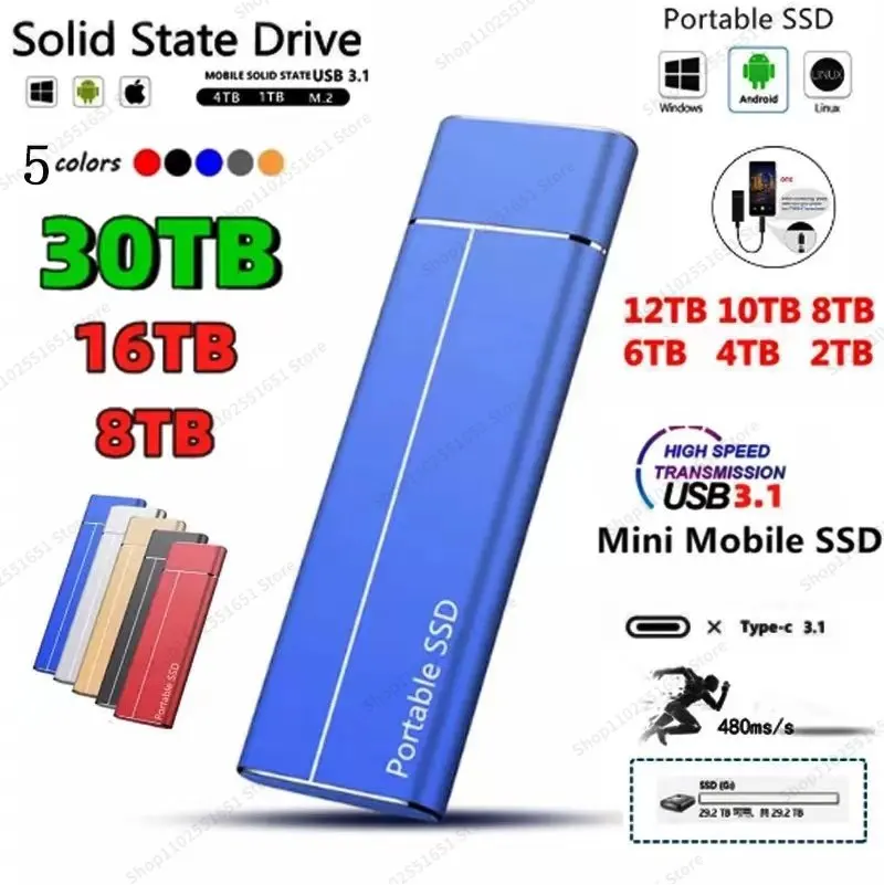 

Portable High Speed SSD 128TB 32tb Hard Drive 2TB 4TB 8TB External Solid State Drive USB 3.0 Type-C 16TB Hard Disks For Laptops