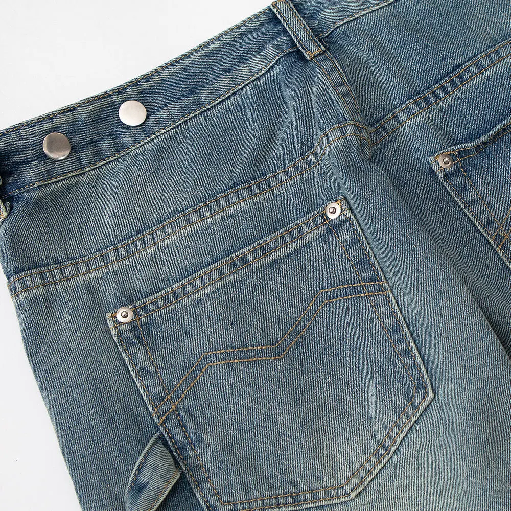 Retro Solid Color Washed Old Splicing Jeans Men's Street Trend Loose Straight Trousers Brand Casual Wide-leg Pants Baggy Jeans