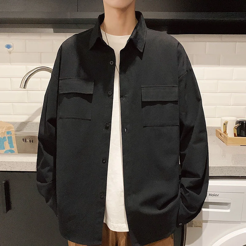 

Cotton Casual Men's Fashion Solid Color Dress Men Streetwear Loose Pocket Tooling Long Sleeve Shirt Mens