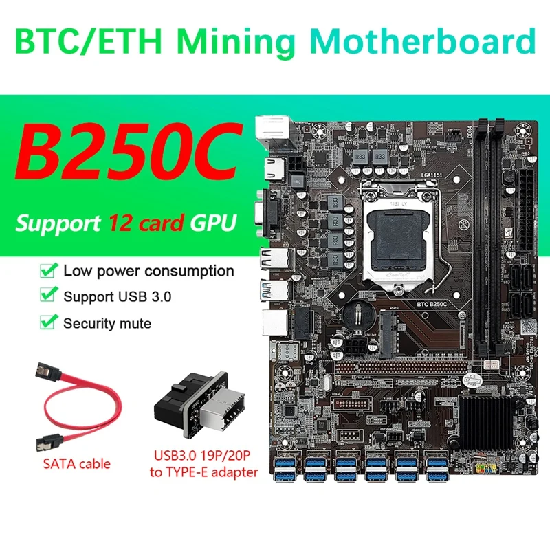 

New 12 Card B250C BTC Mining Motherboard+USB3.0 19P/20P To TYPE-E Adapter+SATA Cable 12X USB3.0(PCIE) LGA1151 DDR4 MSATA