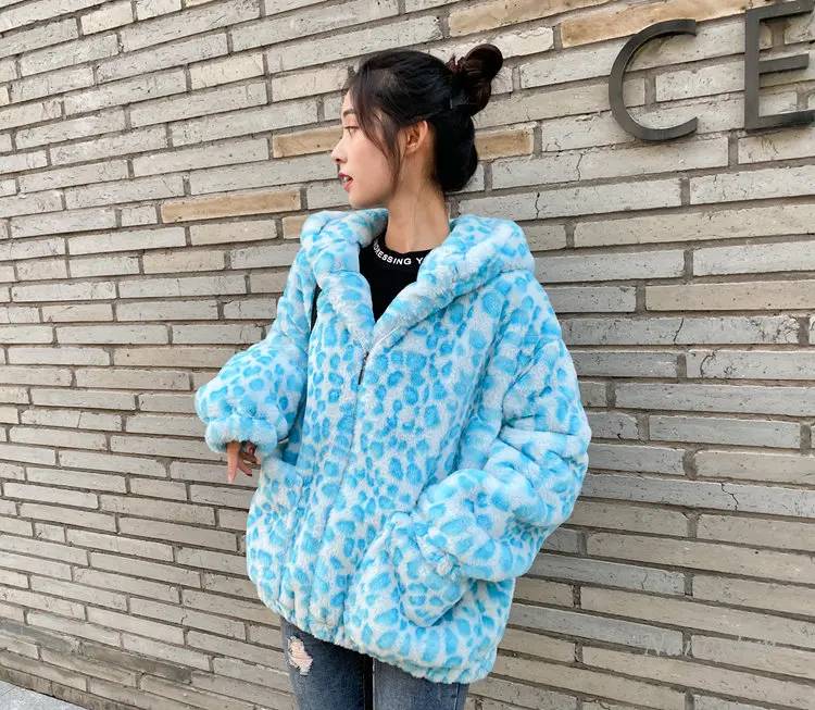 2022 Autumn and Winter New Blue Color Leopard Print Faux Fur Coat Hooded Mid-Length Cute Sweet Girl Loose Street Overcoats