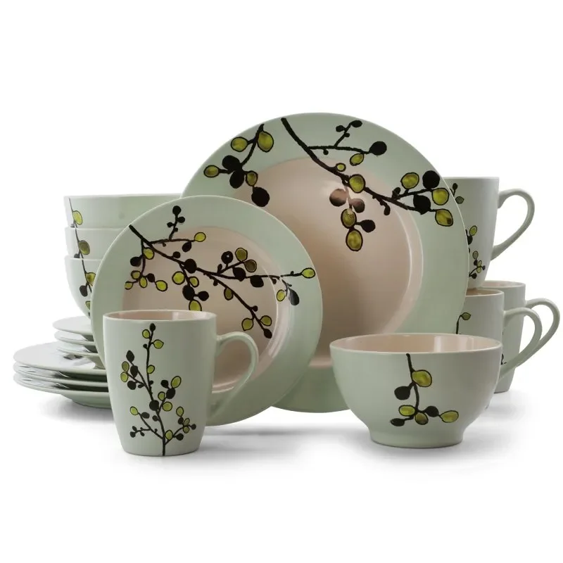 

Joyful 16 Piece Round Stoneware Green Dinnerware Set for Beautiful Table Display