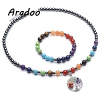 aradoo 2pcs seven chakra black gallstone energy bracelet necklace colorful lucky tree pendant yoga bracelet necklace