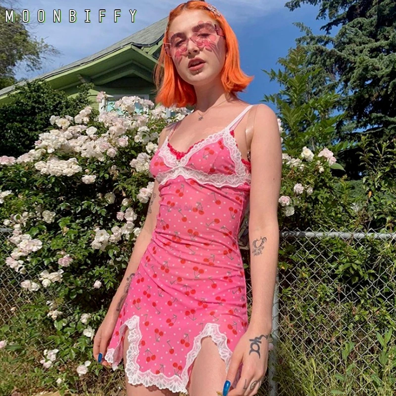 

2021 Summer New Style Sling Halter Hem Slit Fruit Print Lace Dress Sexy Tight-fitting Printed Thin-strapless Sleeveless Dress