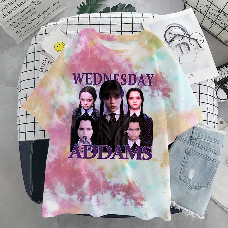 

Wednesday Addams popular movie around print tie-dye milk silk T-shirt women's personalized casual short-sleeved birthday gift