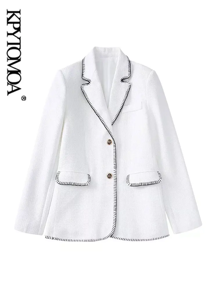 

KPYTOMOA Women Fashion Contrast Seams Tweed Straight Fit Blazer Coat Vintage Long Sleeve Flap Pockets Female Outerwear Chic Tops