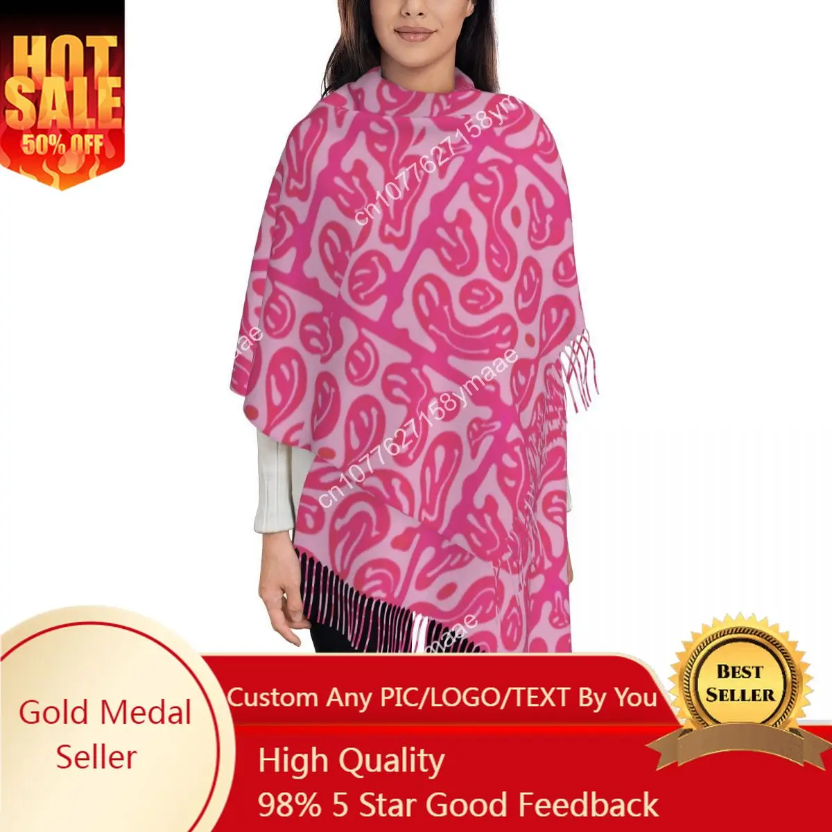 

Hot Pink Melted Smile Face Scarf for Women Winter Fall Shawl Wrap Psychedelic Long Large Scarves with Tassel for Evening Dress